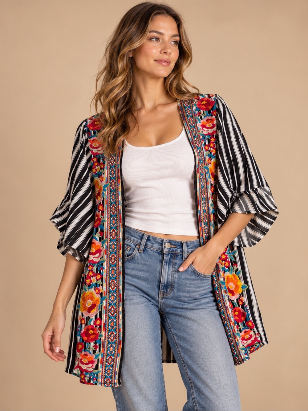 Savanna Jane Embroidered Floral Striped Kimono Cardigan Small Boho Western